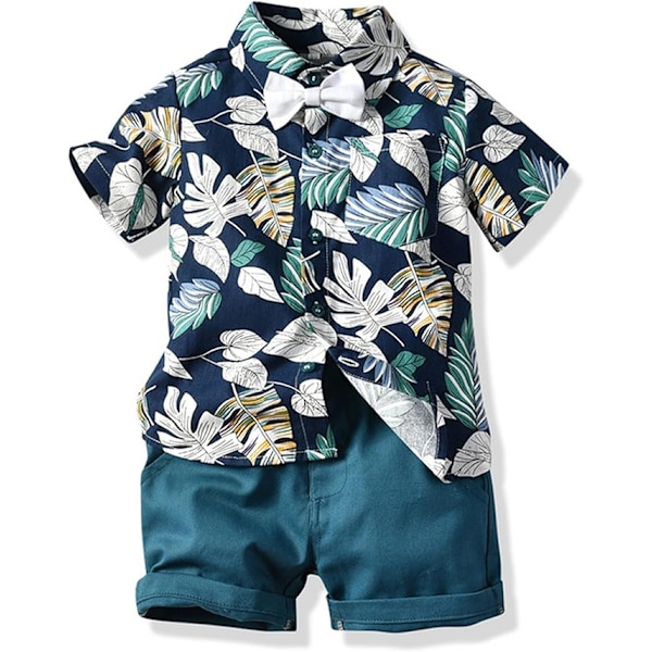 Baby Boy Hawaiian Set Bomullsskjorte og Shorts Set for Boys Sommer Strandklær med Tropiske Blomster 130CM Blue