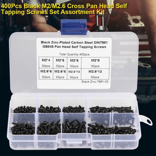 400 pcs Black M2/M2.6 Cross Pan Head Self-Tapping Screws Set Assortment Kit 0.2