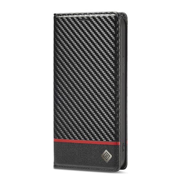 För iPhone 14 Pro LC.IMEEKE Kolfiber PU + TPU Läderfodral Horizontal Black
