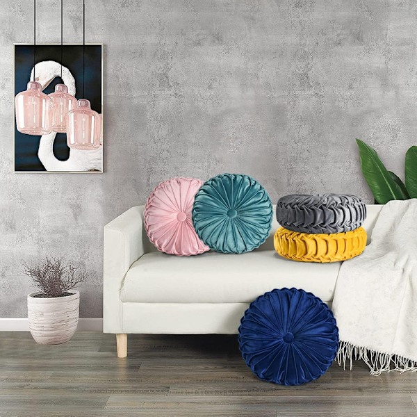 2 kpl pyöreitä tyynyjä, 38 x 38 cm laskostettuja koristetyynyjä, vintage sametti lattiatyynyjä sisustukseen kotiin sohvalle tuolille sänkyyn, tummanharmaa (poimutus)