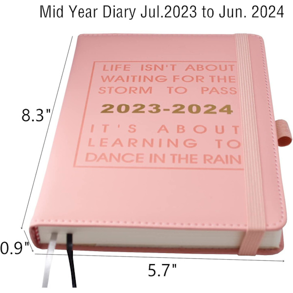 Akateeminen päiväkirja 2023 2024, 2023/24 päiväkirja päivä sivulla, viikoittainen kuukausisuunnittelija kuukausittaisella välilehdellä 352 sivulla (Pinkki 2023.07-2024.06)
