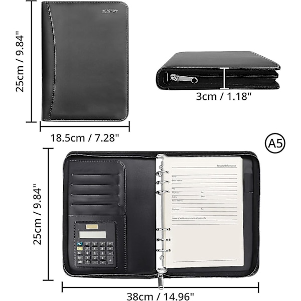 A5 Zipped Conference Folder - Svart Personlig/arbetsorganisatör - Business Travel Portfolio Folder Med Ringpärm, Kalkylator, Påfyllningsbara Anteckningsblockssidor