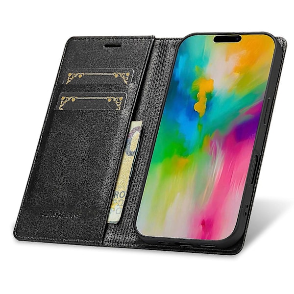LC.IMEEKE iPhone 16 Plus -nahkainen kotelo RFID-suojauksella ja korttipaikoilla - Multicolor Black