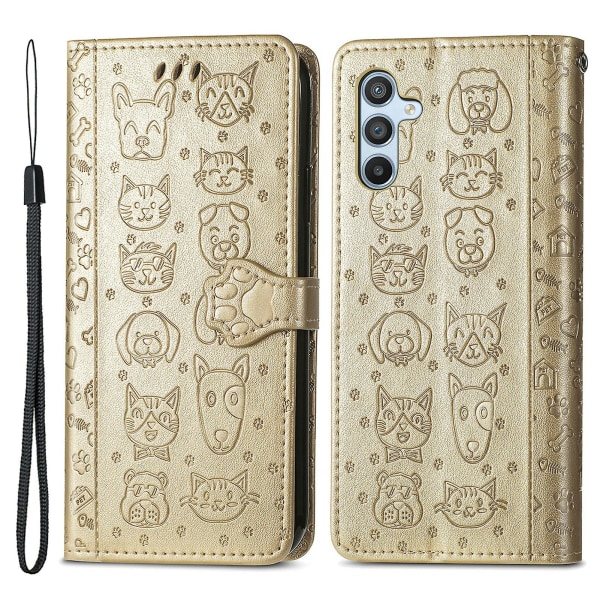 For Samsung Galaxy A54 5g Pu Leather Wallet Cover Imprinted Cat Dog Pattern Anti-scratch Phone Stand Case Gold
