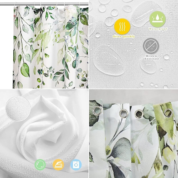 Stof bruseforhæng, grønne blomster badeværelse bruseforhæng skimmel og meldug resistent med kroge, 180 x 180cm vandtæt polyester, vægtet søm, Wa