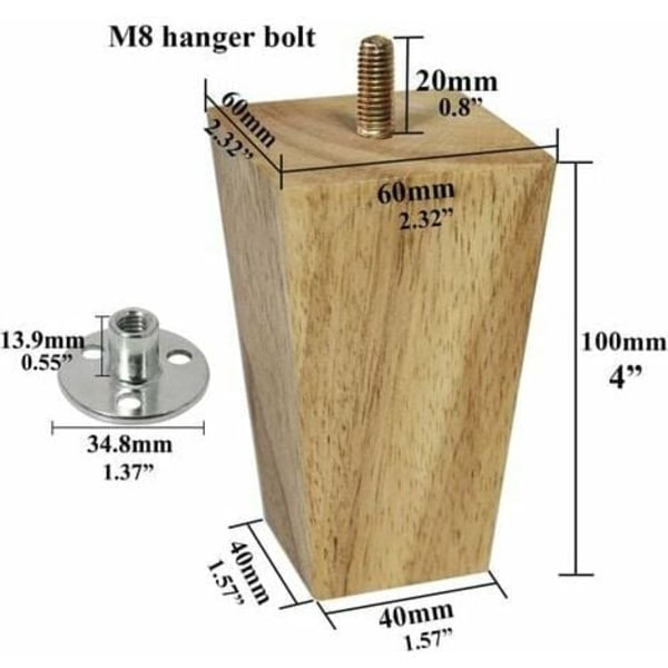 Set med 4 trämöblerben - Sofaben - M8-bultar (10 cm)