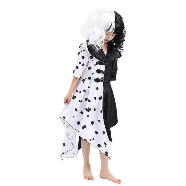 Lasten tyttöjen Cruella Deville Halloween Cosplay -juhlapuku Hupullinen mekko + Hanskat Setti Pukuasu L