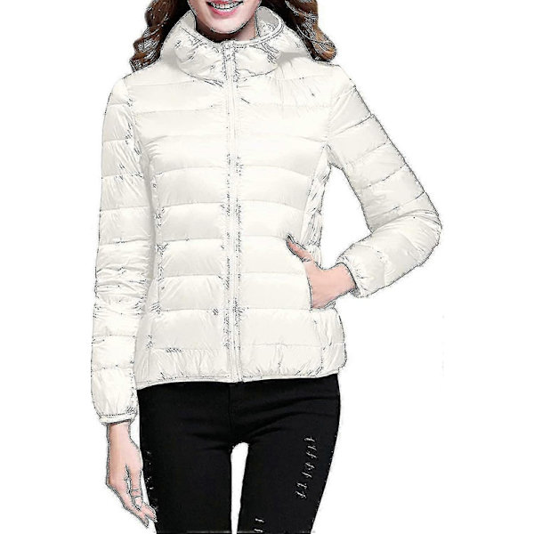 Lättviktsdunjacka med huva för damer - Packbara pufferjackor L-vit L-white Medium