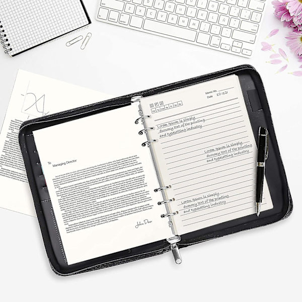 A5 glidelås konferansemappe - Svart personlig/arbeidsarrangør - Business Travel Portfolio Folder med ringperm, kalkulator, etterfyllbare notatblokk-sider