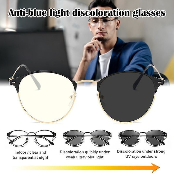 Photochromic Blue Light Blocking Glasögon 2 i 1 Anti-ultravioletta glasögon Solglasögon för män Gold