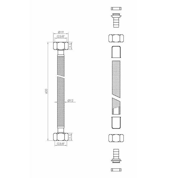 40-60cm 3/8\" x 3/8\" Tommer BSP Sort Nylon Flettet Fleksibel Hane Skylnings Slange 60cm