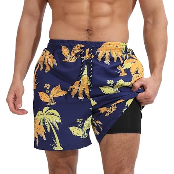 Herr 2-i-1 badshorts med kompressionsfoder Snabbtorkande badshorts med blixtlåsförsedda fickor M Dark Blue Yellow Coconut