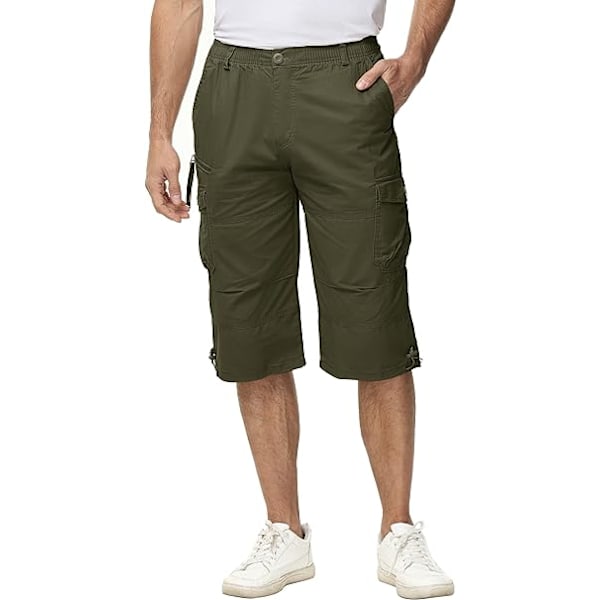 Herre 3/4 lange shorts bomull casual capri cargo shorts avkortede bukser med flere lommer M Army Green