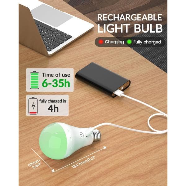 E26 Rechargeable LED Bulbs with Remote Control, 3 Colors Dimmable E26 Battery Operated Light Bulbs with Timer, Rechargeable Emergency Lights 2-Pack