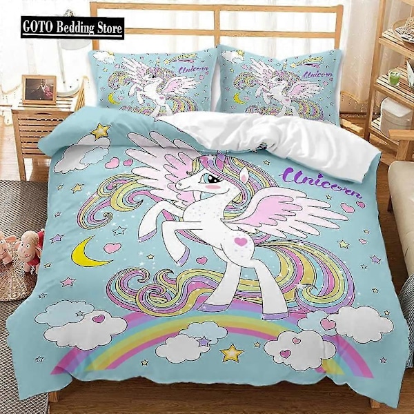 v587 Sängkläder Rosa Tecknad Enhörning Sängklädesset Vinter Påslakanset Reaktivt Tryck Barn Födelsedagspresent Barn Vuxen Sängklädesset Twin 3-Delar 200x200cm 78x78in