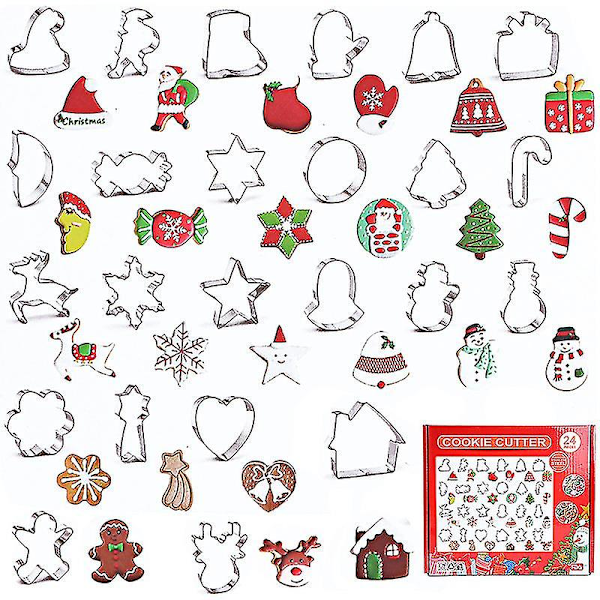 24 stycken julpepparkaksformar - Julgran, pepparkaksgubbe, snöflinga, tomte och fler former för julgodis - hao