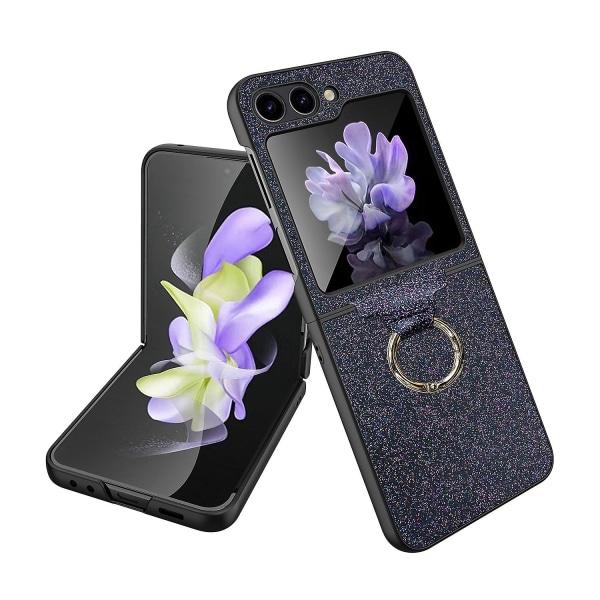 Bling Glitter case , joka on yhteensopiva Samsung Galaxy Z Flip 5:n kanssa, Pu-nahkainen cover , näytönsuoja ja sormus Black For Z Flip 5