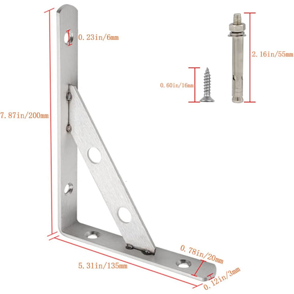 4 kpl 8 tuuman seinähyllyn kannattimet, raskaat ruostumattomasta teräksestä valmistetut hyllyn tuet kulmatuki suorakulmaiset kannattimet (200mm x 135mm)