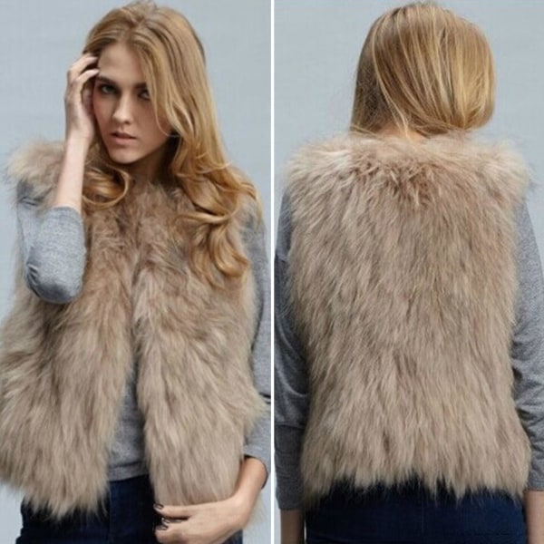 Kvinnor ärmlös fuskpäls Gilet väst Fluffy Vest Jacka Coat Light Brown M