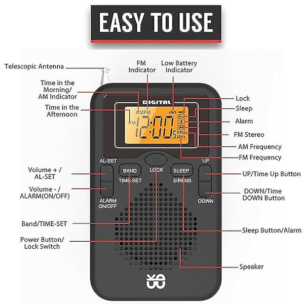 Bärbar radio Mini Am Fm väderradio fickradio LCD-skärm digital väckarklockradiospelare Black