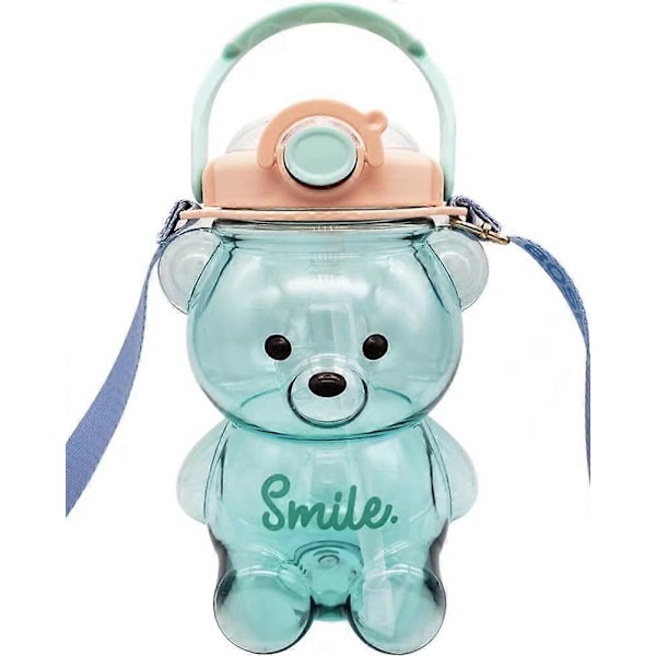 Søte Vannflasker med Sugerør, 3D Søte Klistremerker og Justerbar Stropp, Kawaii Bjørn Vannflaske for Barn Kvinner Jenter Blue 32 oz