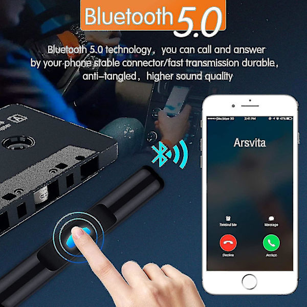 Auton Bluetooth-kasettisoitin, nauhasoitin, Bluetooth 5.0, kasetti Aux -sovitin, musta