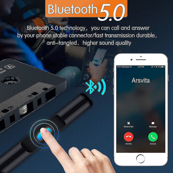 Bilstereo Bluetooth Kassettemodtager Båndafspiller Bluetooth 5.0 Kassette Aux Adapter Sort