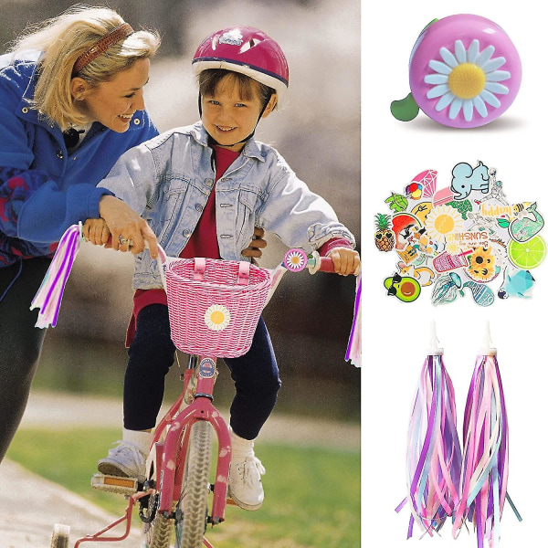 Cykelkorg för barn, cykeltillbehör fram, flätad korg av rotting med styrstångsband Pink
