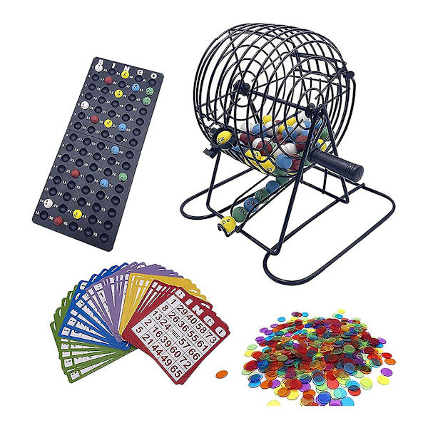 Deluxe Bingo-spillsett med 6-tommers bingobur, bingomestertavle, 75 fargede baller, 50 bingokort as shown