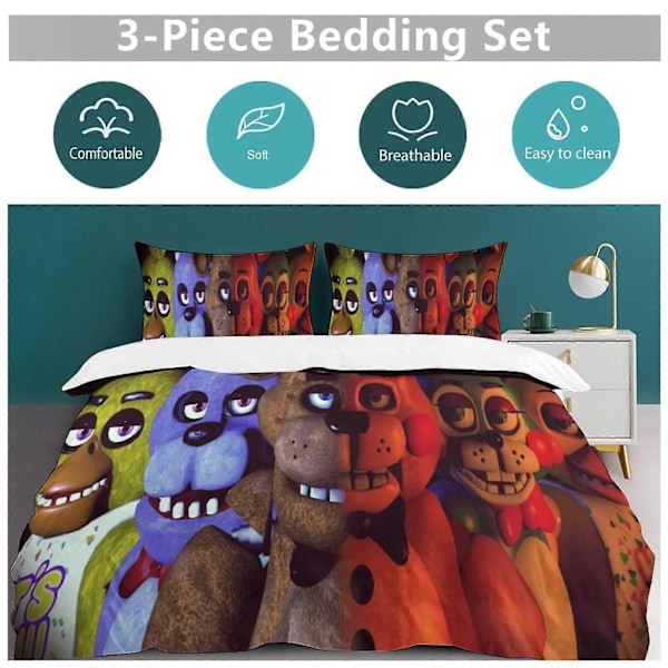 v1272 Five Nightat Freddy Täcke Set Tjockt Mjukt 3-delars Sängklädesset Året Runt Täcke med 2 Örngott för Vuxna Kvinnor Flickor Tonåringar Hemrum 200x200cm 78x78in