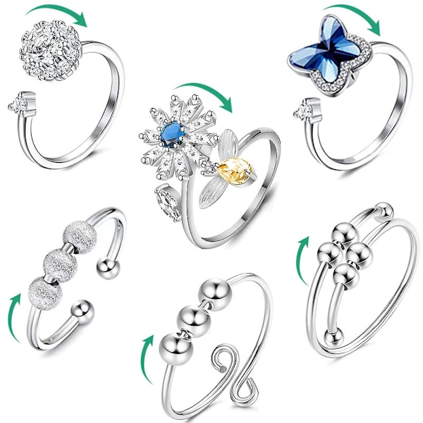 6 stk Fidget Angst Ringe Justerbare Ringe Sæt Justerbare Ringe Fidget Ringe Spinderinge