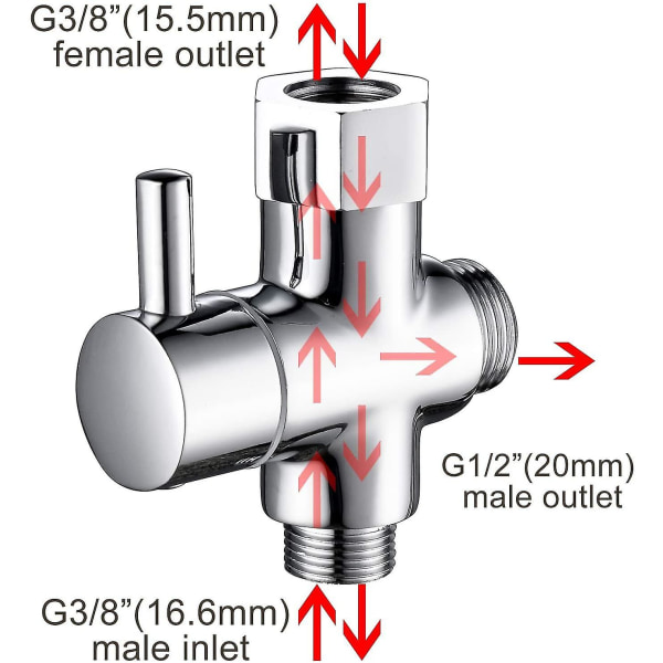 3-veis ventil Solid Messing 3/8\"-12/17 T-adapter Diverterventil for Wc Toalett, Krombelagt, Dsf007d