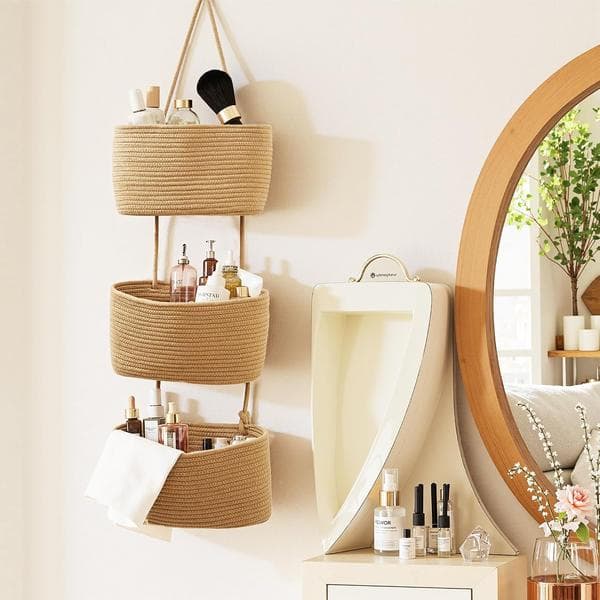 Wall-mounted storage basket, three-tier design, woven material, suitable for living rooms etc.