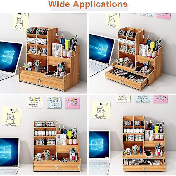 Træskrivebordsarrangør Diy Desktop Tidy Penneholder Stor Kapacitet Stationær Opbevaringsboks Med Skuffe Til Hjem, Kontor Og Skole (b17 Kirsebærfarve)