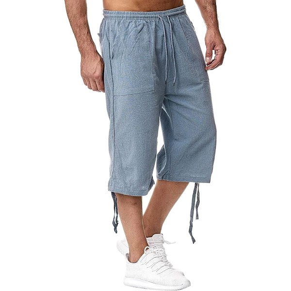 Herre Lin Shorts 3/4 Lengde Bukser Sommer Bukser Strand Yoga Joggere Avslappet Treningsbukse 3XL Blue