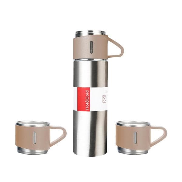 500 ml Isolerad Termosflaska med 2 Extra Koppar i Rostfritt Stål, Läckagesäker Kaffetermos Brown