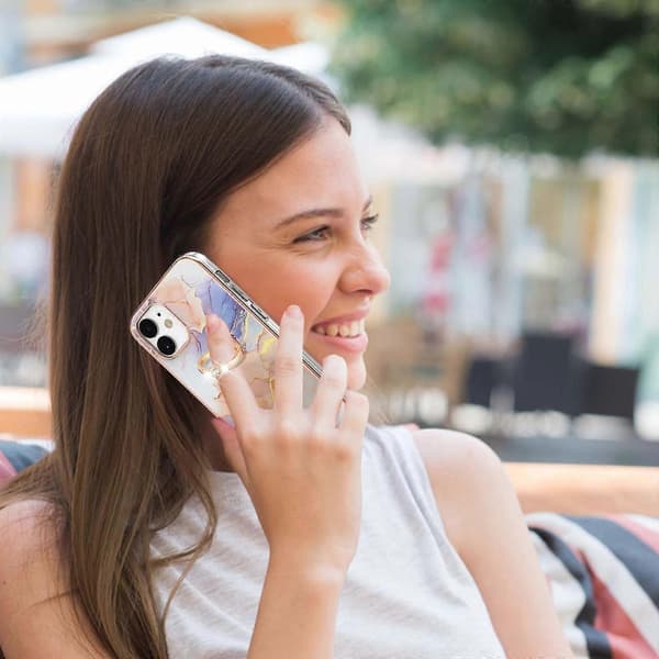 For iPhone 12 mini Galvaniseringsmønster IMD TPU Støtsikkert deksel med Rhinestone Ringholder Milky Way White Marble