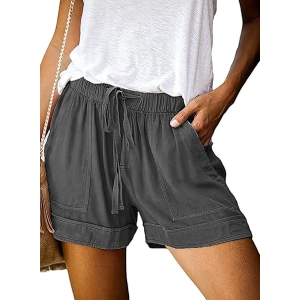 Shorts Sommer Snørebånd Bomuld Elastisk Talje Ensfarvet Casual Shorts med Lommer S Hs-dark-grey