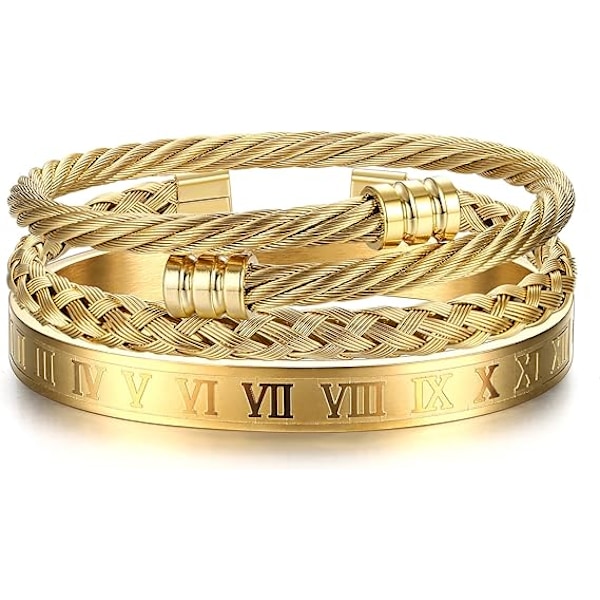 Bangle Bracelets for Men Stainless Steel Luxury Roman Numeral Bangle Bracelet Adjustable Cuff Bracelet Set Silver/Gold/Black