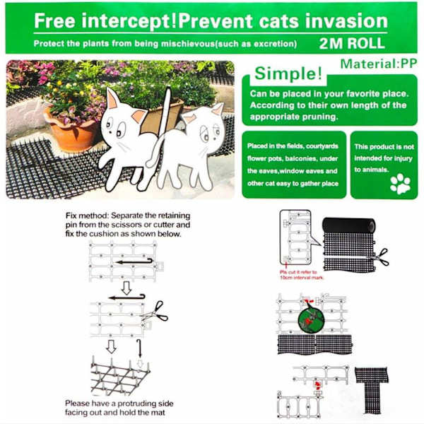 Anti-katte havemåtte med pigge 200*30cm, sort
