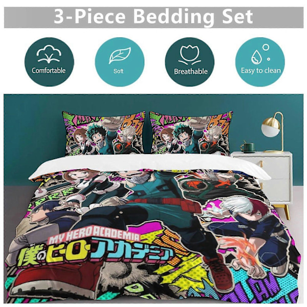 c24 My Hero Academia Peittosetti 3-osainen vuodevaatesetti Pehmeä lämmin ja mukava pehmeä sänkysetti, jossa 1 pussilakana ja 2 tyynyliinaa makuuhuoneeseen Kaikki S 135x200cm 53x78in