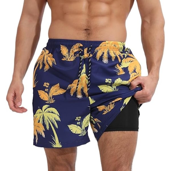 Herre 2-i-1 4-veis badeshorts med kompresjonsfôr Hurtigtørkende badeshorts med glidelåslommer XXL Dark Blue Yellow Coconut