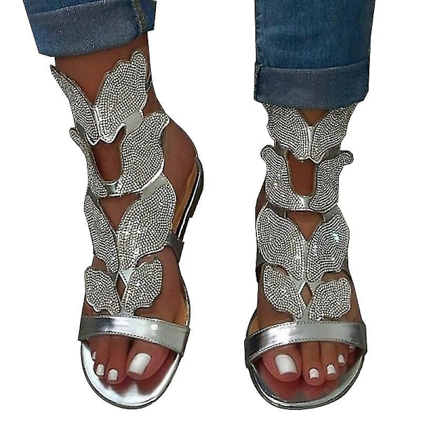 Kvinde Sommer Casual Glitter Sandaler med Sommerfugl Rhinestone Gladiator Silver EU 43