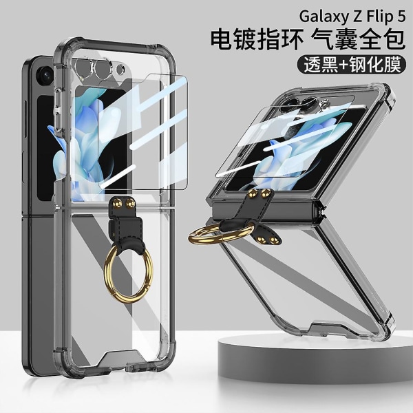 Z Flip 5 genomskinligt case, case kompatibelt Samsung Galaxy Z Flip 5 med externt skärmskydd och ringhållare Anti-dropp Black