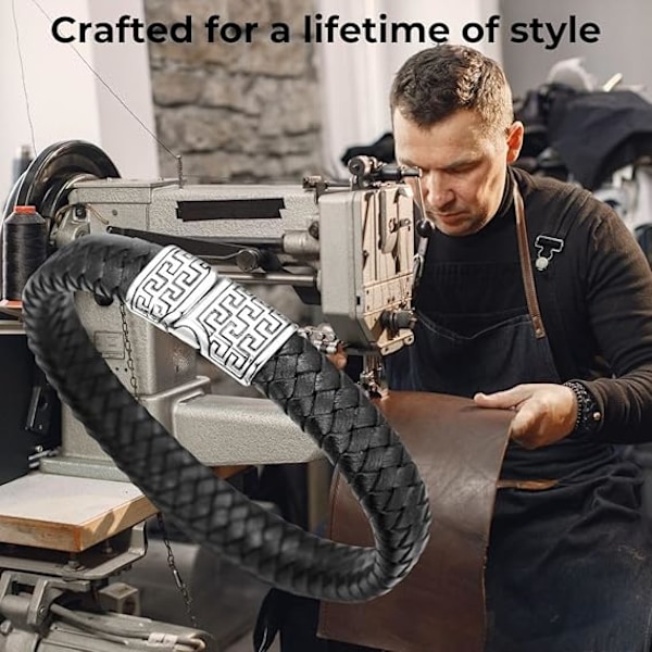 Herrearmbånd i læder, sort/brun flettet titanium magnetlås 8,46\"(21,5cm) - med gaveæske