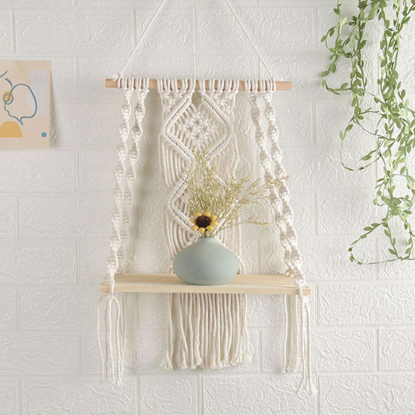 Boho Macrame Seinähylly Käsintehty Kudottu Tupsu Gobeliniteline Puinen Kelluva Säilytysteline H Fo (haoyi)