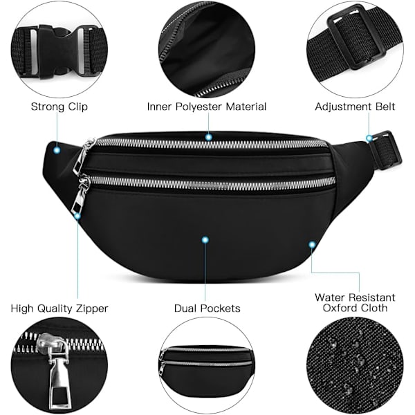 Midjeväska, Vattentät 2 Dragkedjor Fickor Fanny Pack Löpning Midjeväska Väska Justerbart Bälte Midjeväskor för Män Kvinnor Utomhus, Sport (Svart)