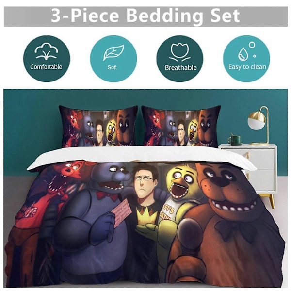 v1308 Five Nightat Freddy Täcke Set Tjockt Mjukt 3-delars Sängklädesset Året Runt Täcke med 2 Örngott för Vuxna Kvinnor Flickor Tonåringar Hemrum 135x200cm 53x78in