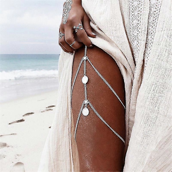 Sexet Overdreven Benkæde Mode Retro Kvinder Smykker Boho Etnisk Tassel Mønt Kropkæde Sommer Strand Multilayer Benkæde silver 1