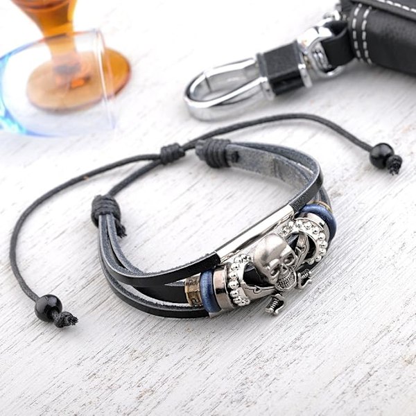 Ekte skinn hodeskalle armbånd justerbar viking stil svart 10g